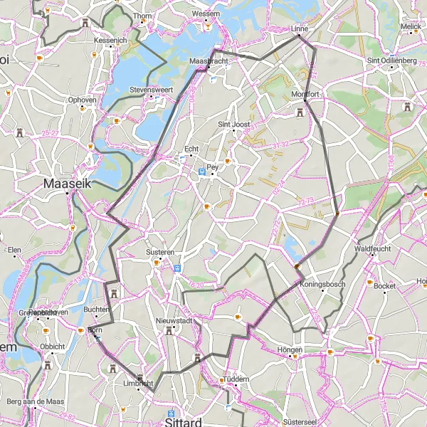 Map miniature of "Buchten and Linne Road Cycling Route" cycling inspiration in Limburg (NL), Netherlands. Generated by Tarmacs.app cycling route planner