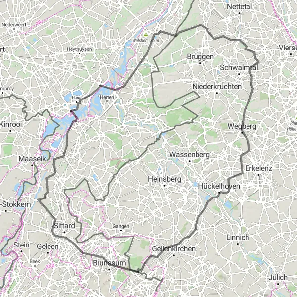 Miniatuurkaart van de fietsinspiratie "Avontuurlijke tocht naar Wegberg en Geilenkirchen" in Limburg (NL), Netherlands. Gemaakt door de Tarmacs.app fietsrouteplanner