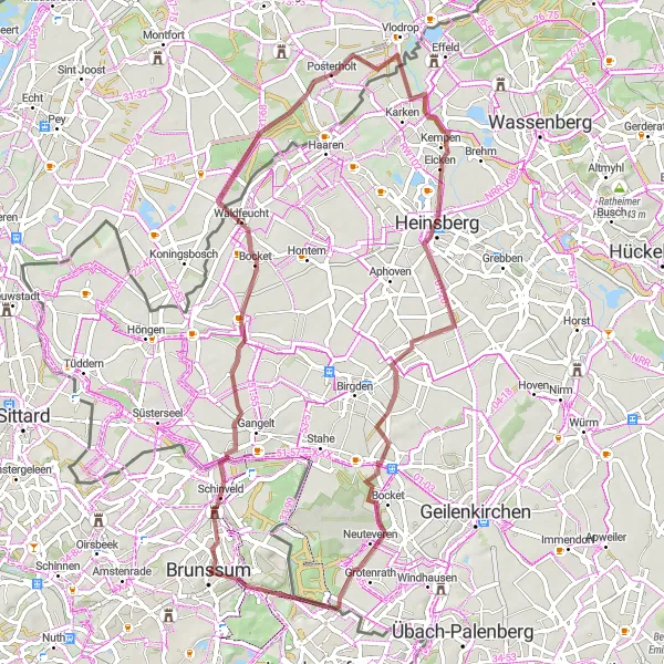 Map miniature of "Schinveld - Brunssum - Posterholt Loop" cycling inspiration in Limburg (NL), Netherlands. Generated by Tarmacs.app cycling route planner