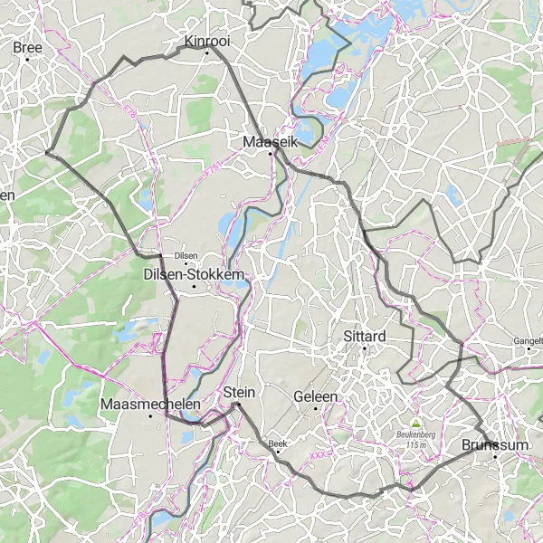 Map miniature of "The Brunssum Marvel" cycling inspiration in Limburg (NL), Netherlands. Generated by Tarmacs.app cycling route planner