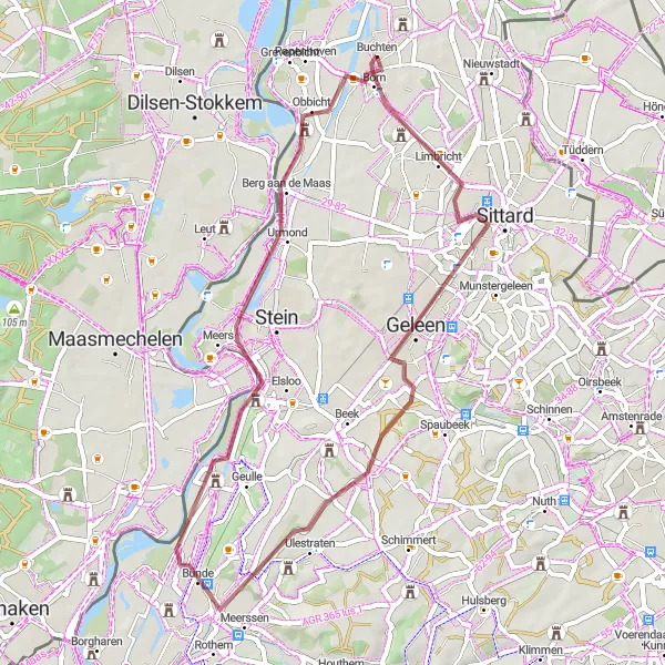 Miniatuurkaart van de fietsinspiratie "Gravelpad vanuit Buchten naar Urmond" in Limburg (NL), Netherlands. Gemaakt door de Tarmacs.app fietsrouteplanner