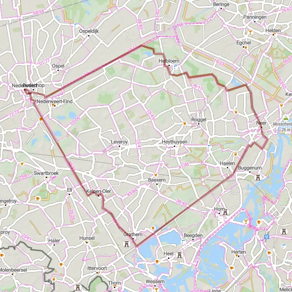 Map miniature of "Nederweert to Schoor Gravel Adventure" cycling inspiration in Limburg (NL), Netherlands. Generated by Tarmacs.app cycling route planner