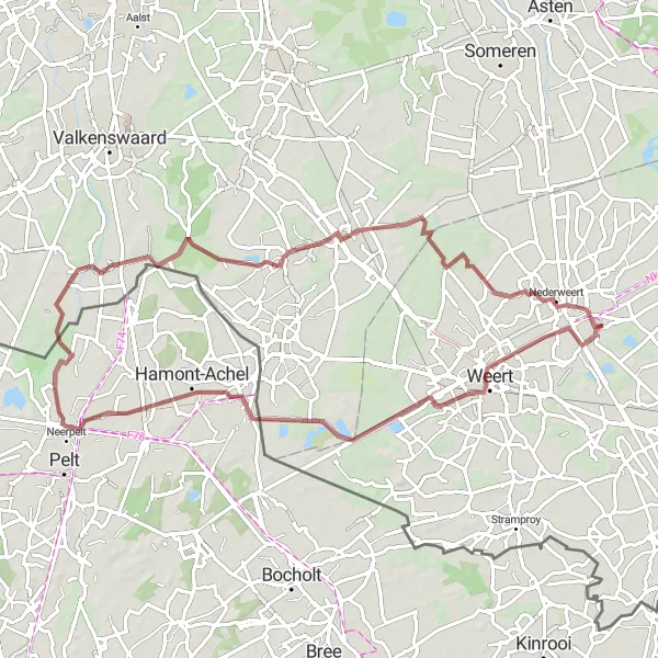 Map miniature of "Budschop to Nederweert Gravel Adventure" cycling inspiration in Limburg (NL), Netherlands. Generated by Tarmacs.app cycling route planner