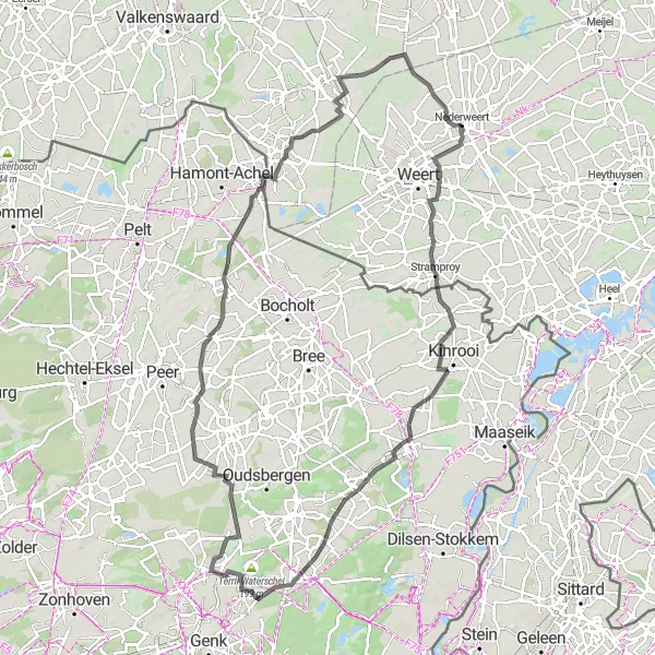 Map miniature of "Budschop to Nederweert Loop" cycling inspiration in Limburg (NL), Netherlands. Generated by Tarmacs.app cycling route planner