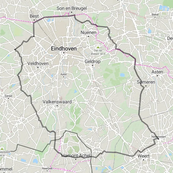 Map miniature of "Budel-Schoot to Nederweert Road Loop" cycling inspiration in Limburg (NL), Netherlands. Generated by Tarmacs.app cycling route planner