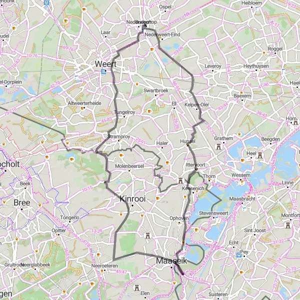 Map miniature of "Budschop to Hunsel Loop" cycling inspiration in Limburg (NL), Netherlands. Generated by Tarmacs.app cycling route planner