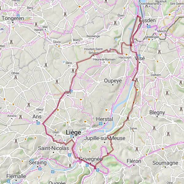 Map miniature of "Across Meuse River" cycling inspiration in Limburg (NL), Netherlands. Generated by Tarmacs.app cycling route planner