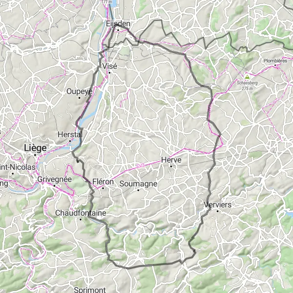 Map miniature of "Eijsden - Schophem - Kattenrothberg - Laag-Caestert Round Trip" cycling inspiration in Limburg (NL), Netherlands. Generated by Tarmacs.app cycling route planner