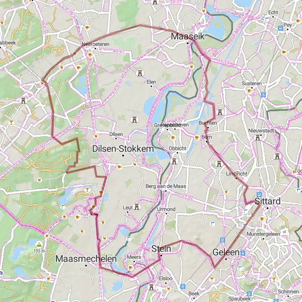 Map miniature of "Dutch Waters Gravel Adventure" cycling inspiration in Limburg (NL), Netherlands. Generated by Tarmacs.app cycling route planner
