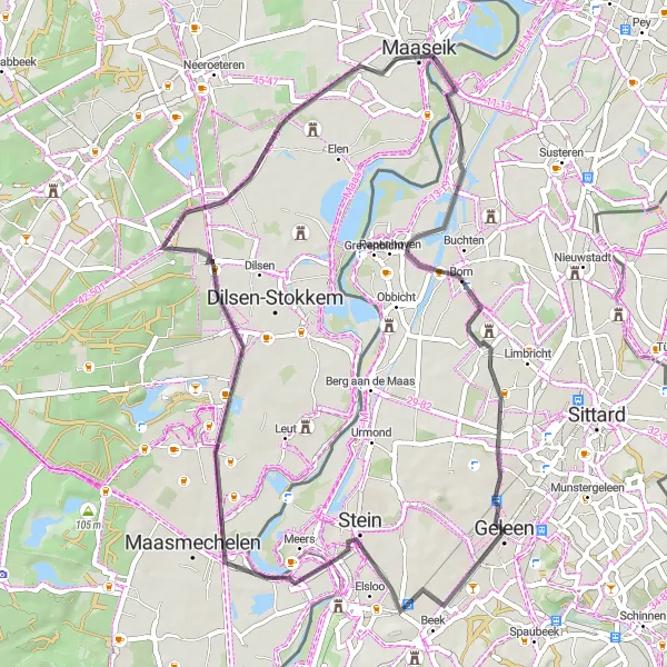 Map miniature of "Geleen to Born Road Route" cycling inspiration in Limburg (NL), Netherlands. Generated by Tarmacs.app cycling route planner