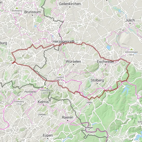 Map miniature of "The Challenging Gravel Route" cycling inspiration in Limburg (NL), Netherlands. Generated by Tarmacs.app cycling route planner