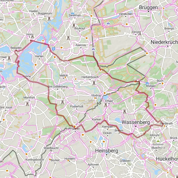 Map miniature of "Gravel Adventure through Linne and Roermond" cycling inspiration in Limburg (NL), Netherlands. Generated by Tarmacs.app cycling route planner