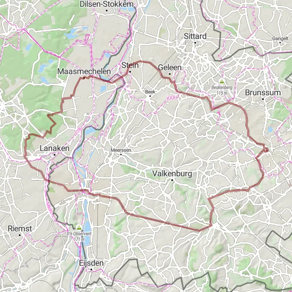 Map miniature of "The Dutch-Belgian Gravel Adventure" cycling inspiration in Limburg (NL), Netherlands. Generated by Tarmacs.app cycling route planner