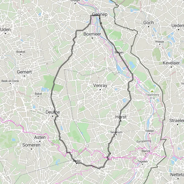 Miniatuurkaart van de fietsinspiratie "Rondje door Noord-Limburg" in Limburg (NL), Netherlands. Gemaakt door de Tarmacs.app fietsrouteplanner