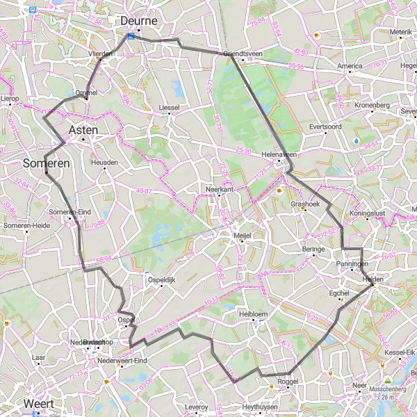 Map miniature of "Helden to Panningen Scenic Loop" cycling inspiration in Limburg (NL), Netherlands. Generated by Tarmacs.app cycling route planner