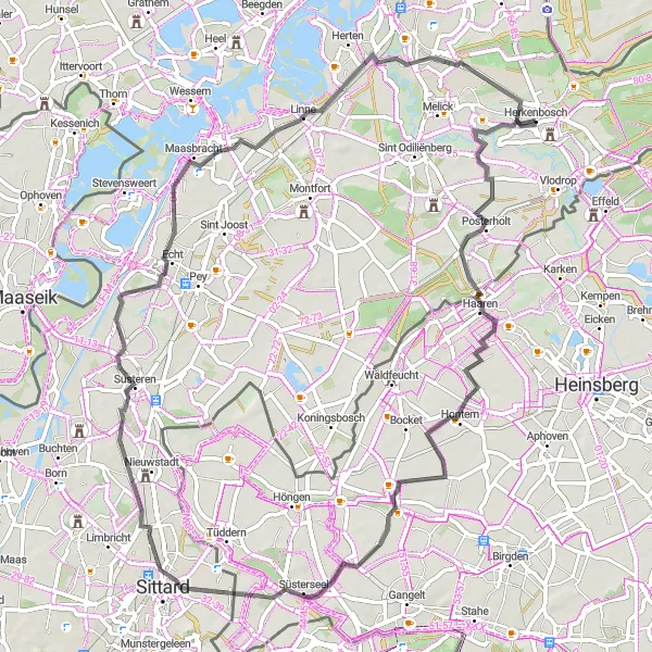 Map miniature of "Herkenbosch - Brachterbeek Road Tour" cycling inspiration in Limburg (NL), Netherlands. Generated by Tarmacs.app cycling route planner