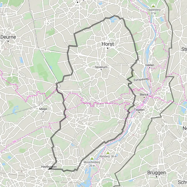 Miniatuurkaart van de fietsinspiratie "Wegtocht door Noord-Limburg" in Limburg (NL), Netherlands. Gemaakt door de Tarmacs.app fietsrouteplanner