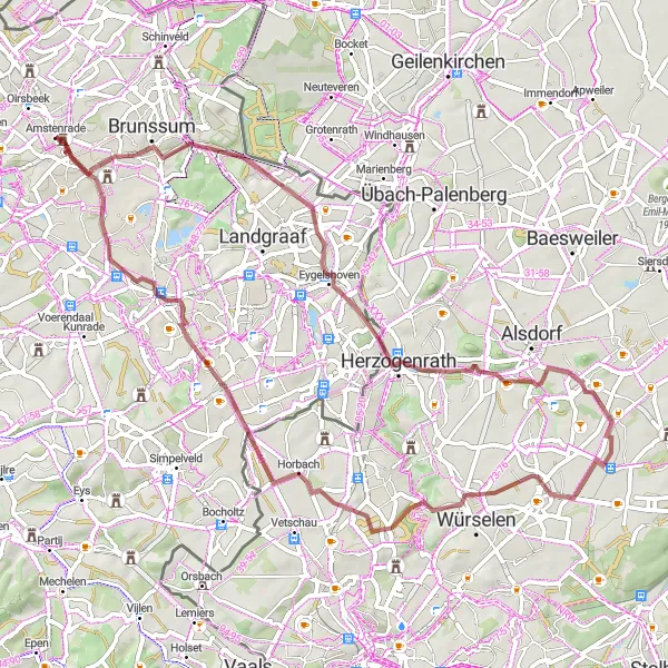 Map miniature of "Hoensbroek - Eygelshoven - Koumenberg - Amstenrade Loop" cycling inspiration in Limburg (NL), Netherlands. Generated by Tarmacs.app cycling route planner