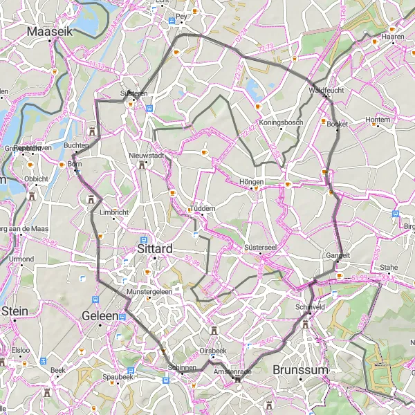 Map miniature of "Hoensbroek - Beukenberg - Schinveld - Kasteel Amstenrade Loop" cycling inspiration in Limburg (NL), Netherlands. Generated by Tarmacs.app cycling route planner