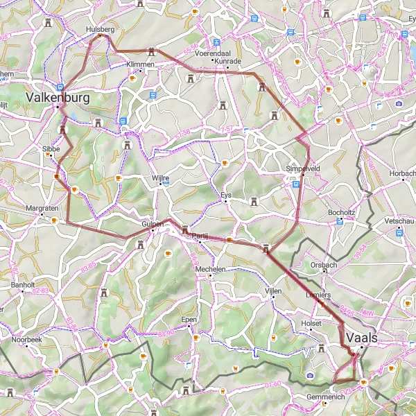 Map miniature of "Mountains and Gravel" cycling inspiration in Limburg (NL), Netherlands. Generated by Tarmacs.app cycling route planner