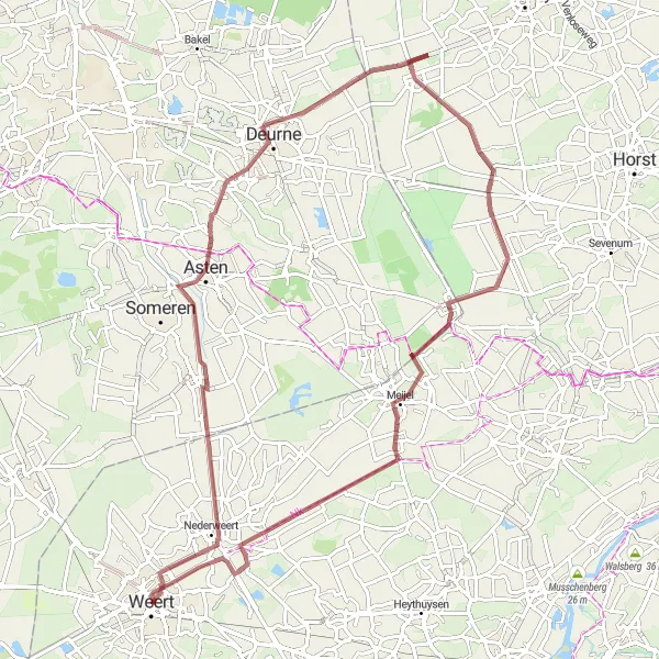 Map miniature of "Gravel Adventure: Off the Beaten Path from Weert" cycling inspiration in Limburg (NL), Netherlands. Generated by Tarmacs.app cycling route planner
