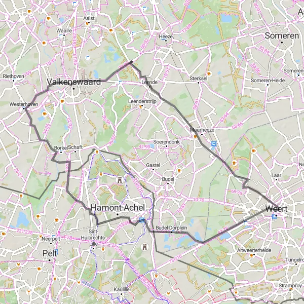 Miniatuurkaart van de fietsinspiratie "De Kempenroute" in Limburg (NL), Netherlands. Gemaakt door de Tarmacs.app fietsrouteplanner