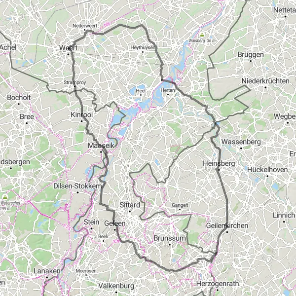 Map miniature of "Through the Valleys: Scenic Road Cycling from Weert" cycling inspiration in Limburg (NL), Netherlands. Generated by Tarmacs.app cycling route planner