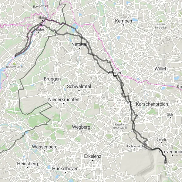 Miniatuurkaart van de fietsinspiratie "Kessel - Mönchengladbach - Kaisermühle Route" in Limburg (NL), Netherlands. Gemaakt door de Tarmacs.app fietsrouteplanner