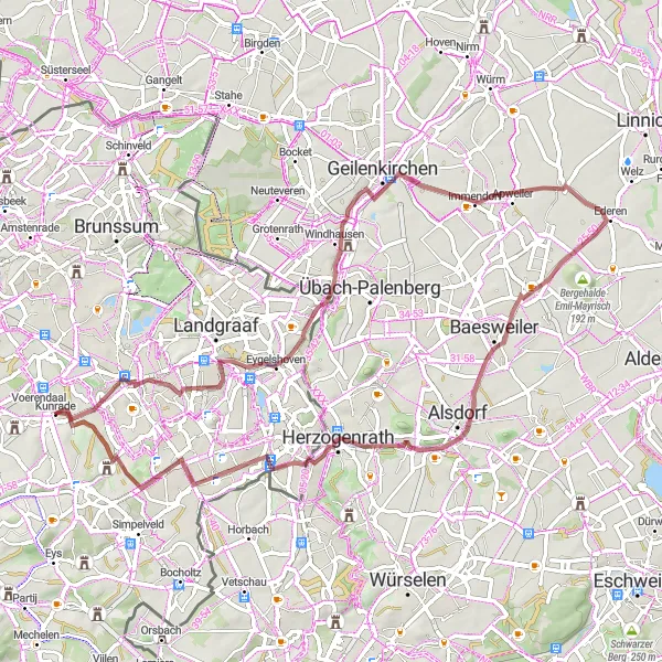 Miniatuurkaart van de fietsinspiratie "Rimburg naar Kasteel Cortenbach: Avontuurlijk Gravelrit" in Limburg (NL), Netherlands. Gemaakt door de Tarmacs.app fietsrouteplanner