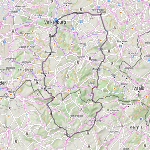 Miniatuurkaart van de fietsinspiratie "Mingersborg naar Cauberg: Ontdek de Heuvels van Limburg" in Limburg (NL), Netherlands. Gemaakt door de Tarmacs.app fietsrouteplanner