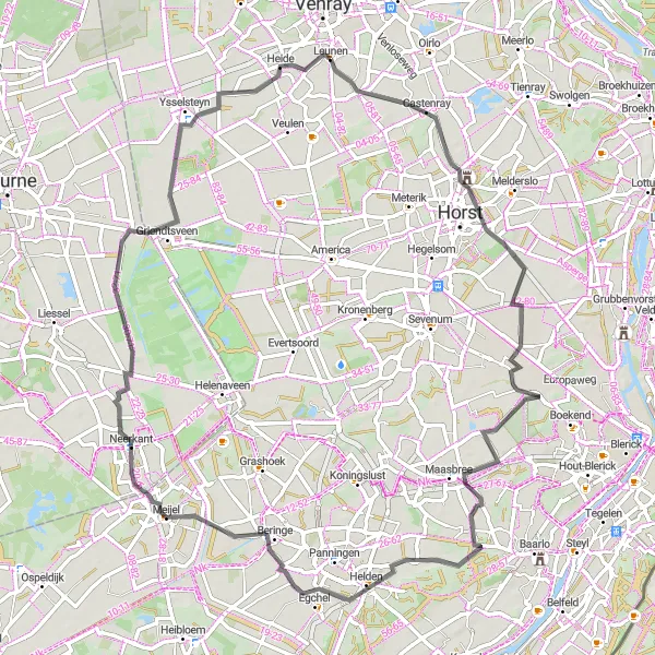 Miniatuurkaart van de fietsinspiratie "Ontspannen fietstocht langs Castenray en Helden" in Limburg (NL), Netherlands. Gemaakt door de Tarmacs.app fietsrouteplanner