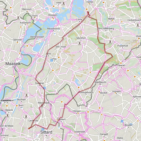 Miniatuurkaart van de fietsinspiratie "Susteren-Echt-Linne-Echterbosch-Sittard" in Limburg (NL), Netherlands. Gemaakt door de Tarmacs.app fietsrouteplanner