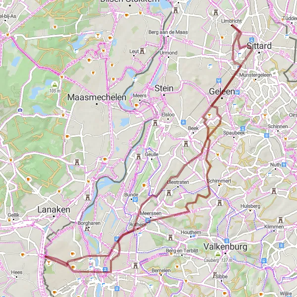 Miniatuurkaart van de fietsinspiratie "Avontuurlijke graveltocht door Zuid-Limburg en Maasvallei" in Limburg (NL), Netherlands. Gemaakt door de Tarmacs.app fietsrouteplanner