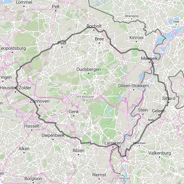 Miniatuurkaart van de fietsinspiratie "Geleen-De Krul-Lanaken-Kijktoren-Munsterbilzen-Kiewit-Heusden-Zolder-Peer-Bocholt-Maaseik-Holtum" in Limburg (NL), Netherlands. Gemaakt door de Tarmacs.app fietsrouteplanner