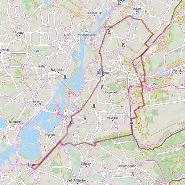 Map miniature of "Linne to Swalmen" cycling inspiration in Limburg (NL), Netherlands. Generated by Tarmacs.app cycling route planner