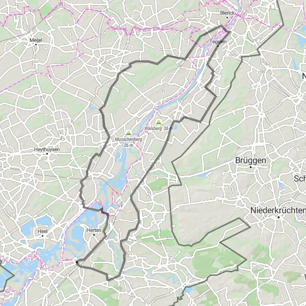 Map miniature of "Linne-Nunhem-Uitkijktoren Baarlo-Kasteel Waterloo-Linne" cycling inspiration in Limburg (NL), Netherlands. Generated by Tarmacs.app cycling route planner