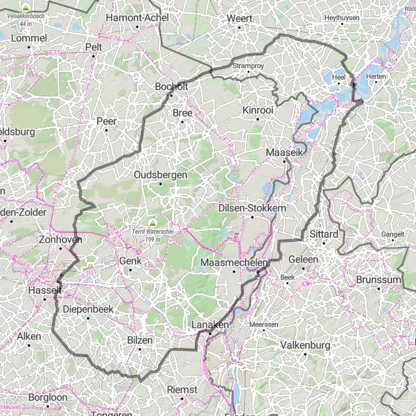 Map miniature of "Linne-Pey-Limbricht-"Tank" LVT Buffalo Amphibian Mark IV-Mopertingen-Kasteel van Wimmertingen-Teutheuvel-Meulenberg-Ellikom-Swartbroek-Linne" cycling inspiration in Limburg (NL), Netherlands. Generated by Tarmacs.app cycling route planner