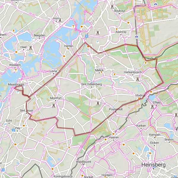 Map miniature of "Maasbracht to Vlodrop Gravel Adventure" cycling inspiration in Limburg (NL), Netherlands. Generated by Tarmacs.app cycling route planner