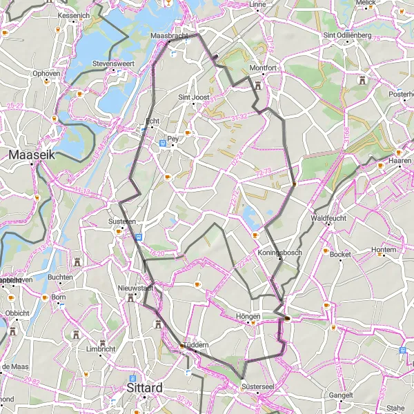Map miniature of "The Maasbracht Loop" cycling inspiration in Limburg (NL), Netherlands. Generated by Tarmacs.app cycling route planner