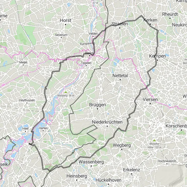 Miniatuurkaart van de fietsinspiratie "Maasbracht - Haelen - Maasbree - Straelen - Kempen - Wasser.Blick 04 Niersauenprojekt Burgbenden - Dülken - Wildenrath - Montfort" in Limburg (NL), Netherlands. Gemaakt door de Tarmacs.app fietsrouteplanner