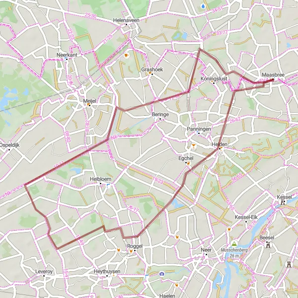 Map miniature of "Gravel Adventure from Helden to Beringe" cycling inspiration in Limburg (NL), Netherlands. Generated by Tarmacs.app cycling route planner