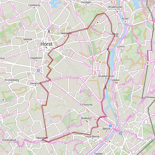 Map miniature of "Exploring Maasbree's Surroundings" cycling inspiration in Limburg (NL), Netherlands. Generated by Tarmacs.app cycling route planner