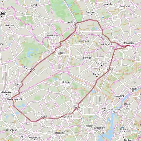 Miniatuurkaart van de fietsinspiratie "Gravelroute Maasbree-Helden-Roggel-Limburgs Uitje" in Limburg (NL), Netherlands. Gemaakt door de Tarmacs.app fietsrouteplanner
