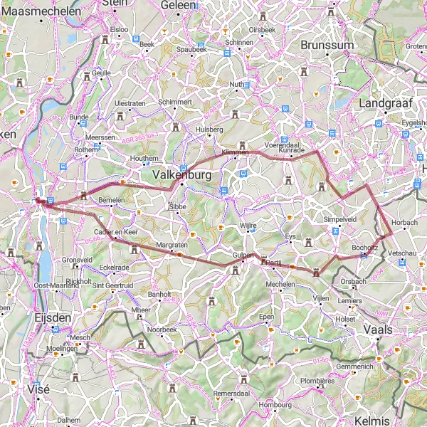 Map miniature of "Berg en Terblijt Gravel Adventure" cycling inspiration in Limburg (NL), Netherlands. Generated by Tarmacs.app cycling route planner