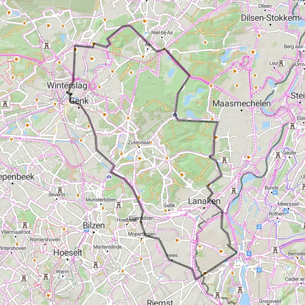 Miniatuurkaart van de fietsinspiratie "Rondje Maastricht - Genk" in Limburg (NL), Netherlands. Gemaakt door de Tarmacs.app fietsrouteplanner