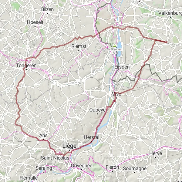 Miniatuurkaart van de fietsinspiratie "Uitgestrekte Graveltocht" in Limburg (NL), Netherlands. Gemaakt door de Tarmacs.app fietsrouteplanner