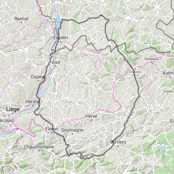 Miniatuurkaart van de fietsinspiratie "Pittige Heuveltocht" in Limburg (NL), Netherlands. Gemaakt door de Tarmacs.app fietsrouteplanner