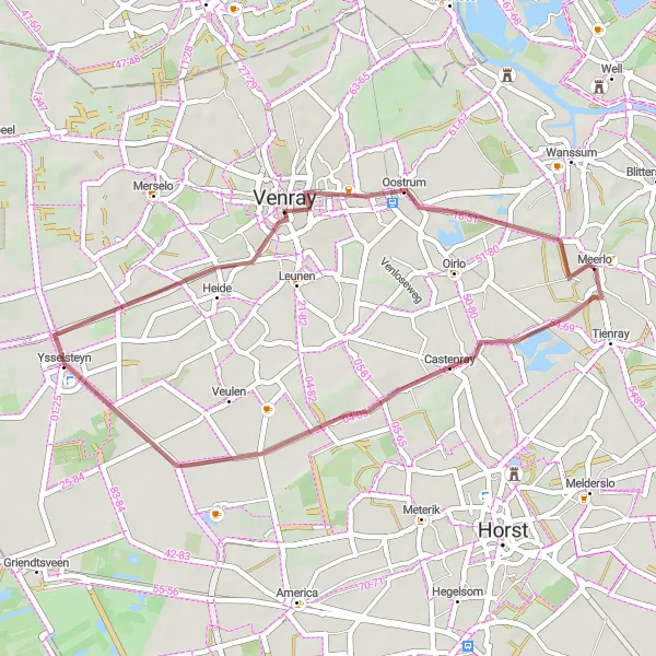Miniatuurkaart van de fietsinspiratie "Graveltocht naar Castenray en Ysselsteyn" in Limburg (NL), Netherlands. Gemaakt door de Tarmacs.app fietsrouteplanner