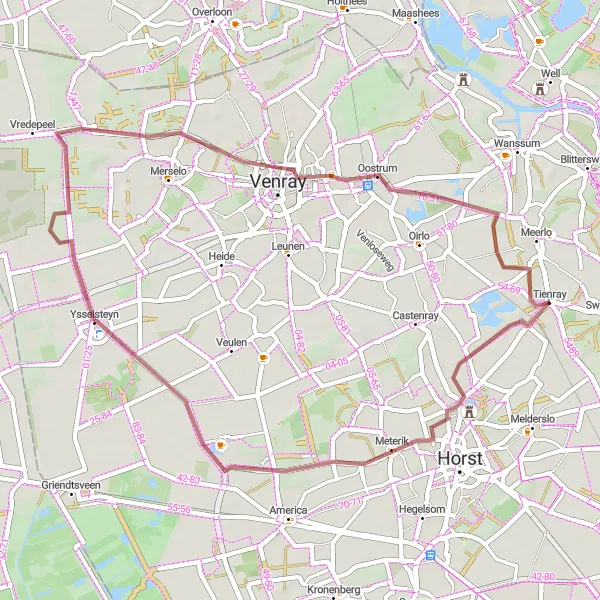 Miniatuurkaart van de fietsinspiratie "Gravelrit naar Tienray en Oostrum" in Limburg (NL), Netherlands. Gemaakt door de Tarmacs.app fietsrouteplanner