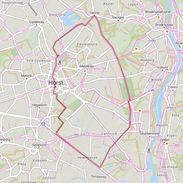 Map miniature of "Horst and Tienray Gravel Cycling Route" cycling inspiration in Limburg (NL), Netherlands. Generated by Tarmacs.app cycling route planner